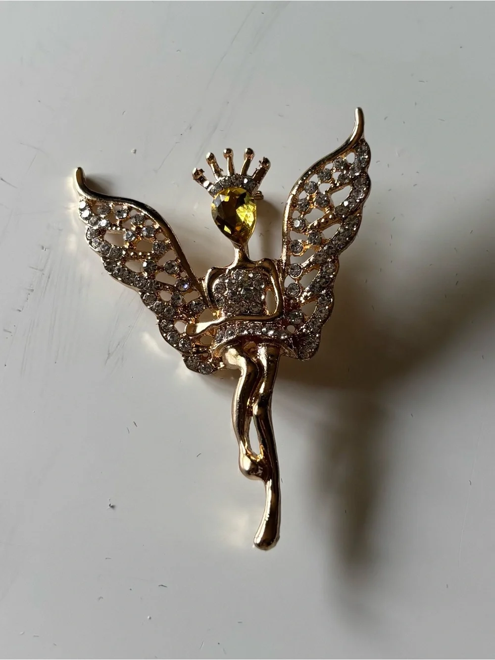 Vintage Fairy Brooch Gold Tone Clear Rhinestones Yellow Crystal Pixie Angel Pin